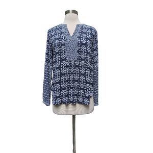 Ann Taylor Top Bloue Blue White Rayon Long Sleeve Flowy Boho XS